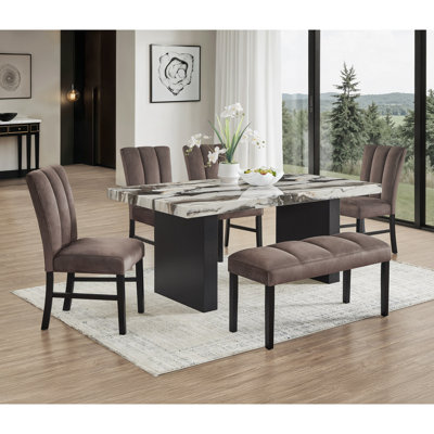 6 pièces belle table de salle à manger noire / brune en faux marbre, table carrée, rembourrée, doucement courbée, banc de la salle à manger, meubles en bois, noir, brun, moka, beige