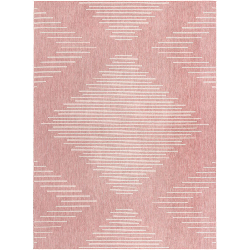 Tapis intérieur / extérieur rayé en polypropylène tissé à la machine en rouge clair, Rectangle 9 pi 10 po x 13 pi