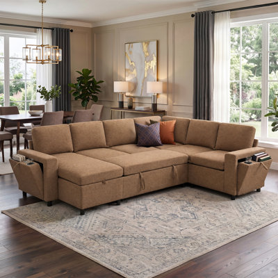 U-Shape Convertible Sectional Sofa Bed with Storage, USB Charger & Cup Holders – Chenille Sleeper Couch (Brown)