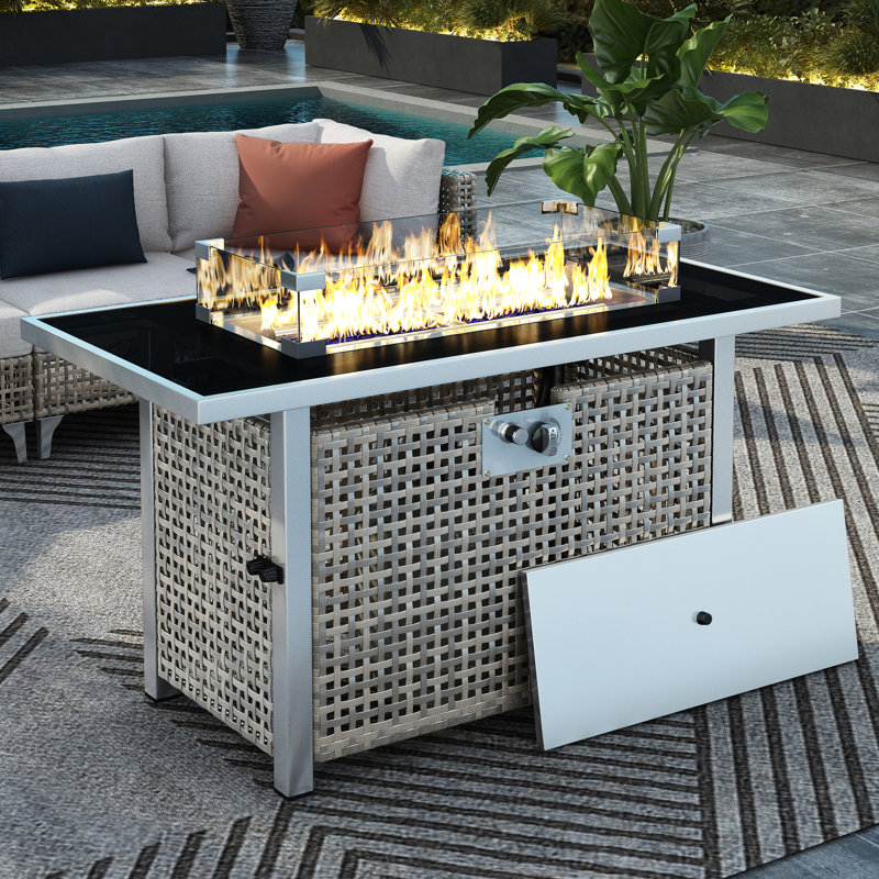 60000 43" Open Weave Grey Propane Gas Fire Pit Table, With Bohemian Charm, Removable Lid, And Glass Wind Guard For Garden Patio Entertaining Rectangular , Blue Stones, Tempered Guard, 20Lbs Storage