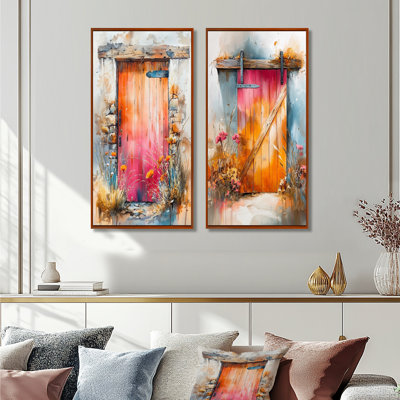 Barn Door Flowers In Orange And Pink Tones I - Barn Door Wall Art 2 Pieces Set