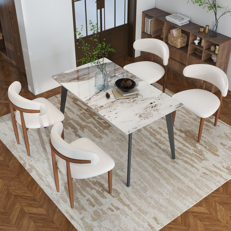 Juvan 5-Piece Modern Rectangular Sintered Stone Dining Table Set With 4 Solid Wood Chairs, Pandora, Beige/Brown, Gray