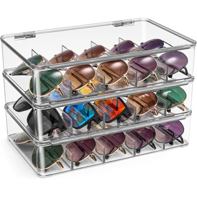Plastic Stackable Eyeglass Case Storage Organizer For Multiple Glasses , Reading Glasses, Sunglass Holder With Hinged Lid For Eyewear Display Includes 5 Sections ,3 Pack