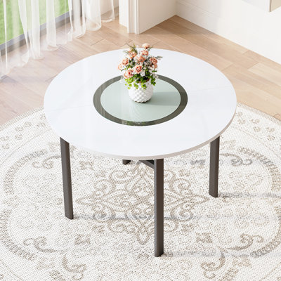 Table de salle à manger ronde 42 pouces blanche minimaliste moderne pouvant accueillir 4 à 6 personnes (incrustation de verre gris + support stable en métal, convient à plusieurs cas de figure).