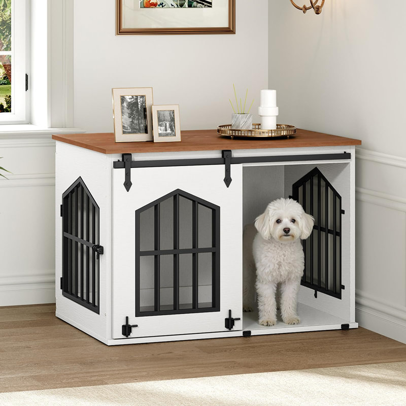 Chenil de ferme 31,5 "avec porte de grange coulissante, White and Walnut