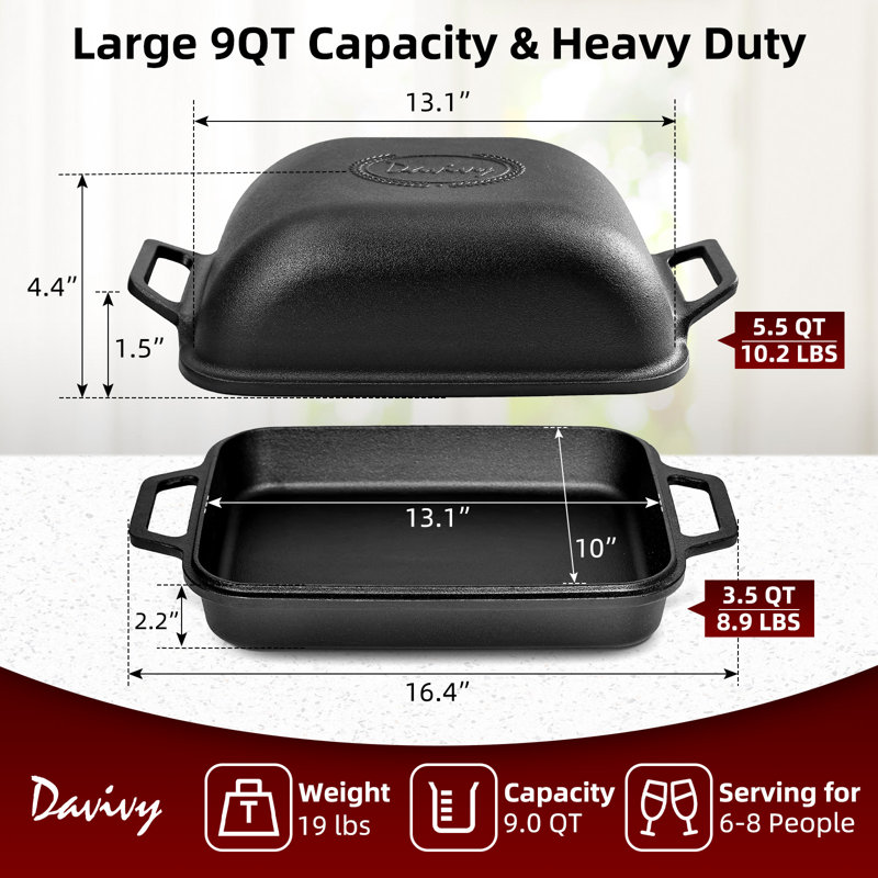 Davivy 9-Qt Pre-Seasoned Cast Iron Dutch Oven w/ Lid Large-Capacity Bread Loaf Pan for Sourdough