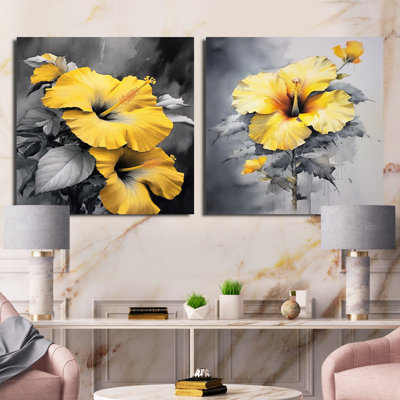 Yellow And Grey Hibiscus Serenade - Hibiscus Square Collage Set Of 2