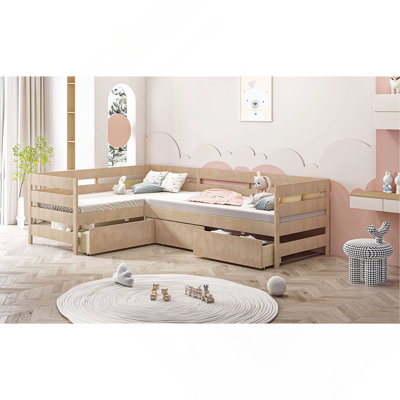 Lit plateforme simple en forme de L avec trois tiroirs de rangement