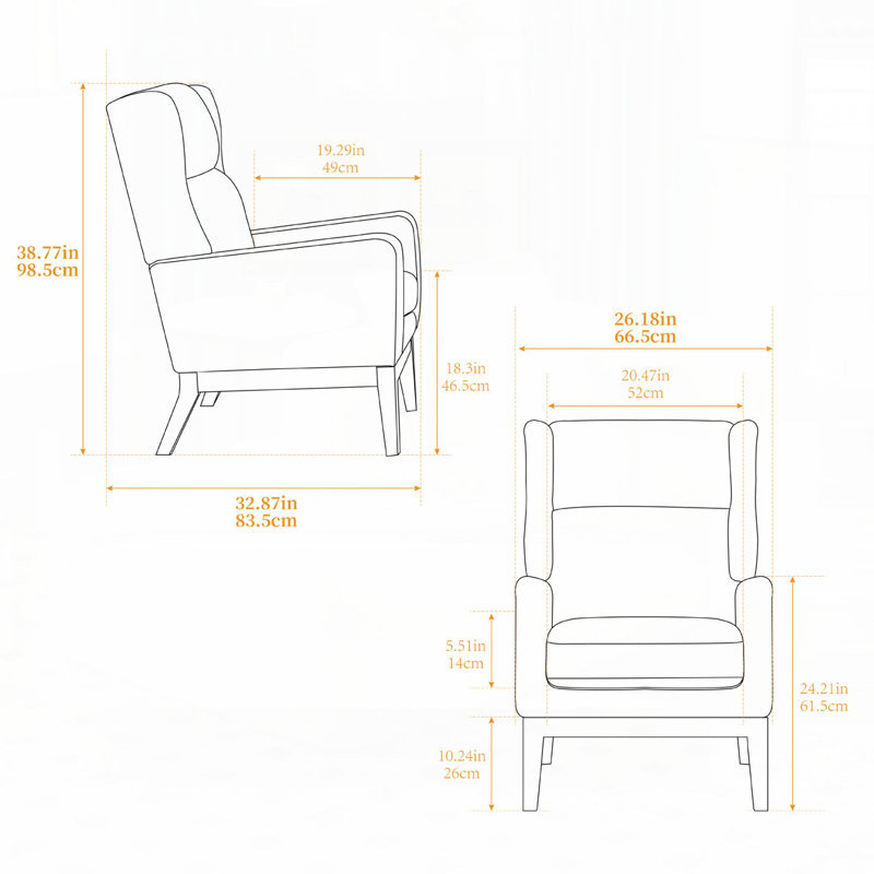 Chaise d'appoint moderne de 26,18 po de largeur avec pieds en bois, Orange