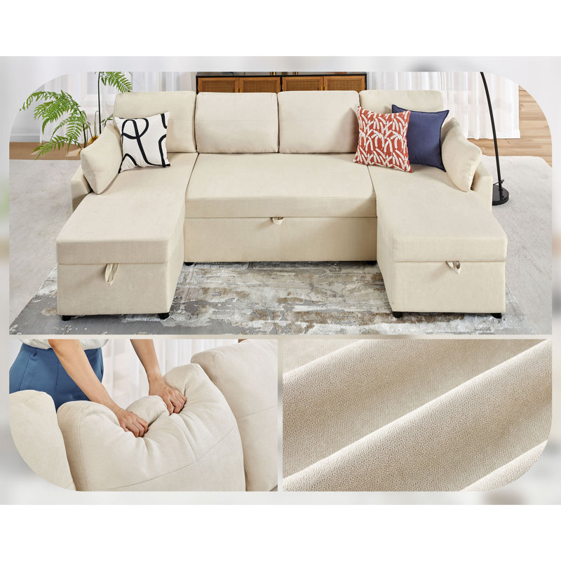 110-Inch Beige Chenille Sectional Sleeper Sofa with Storage Chaise