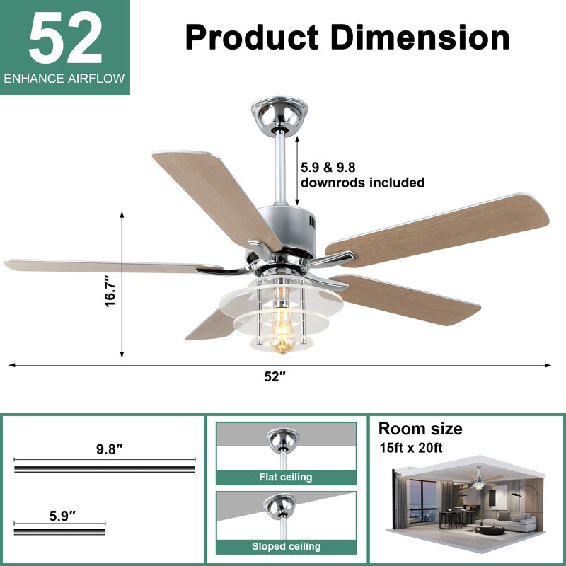 52 Inch Modern Ceiling Fan with Light and Remote, 6 Speeds Reversible DC Motor Ceiling Fan With Light For Living Room, Silver