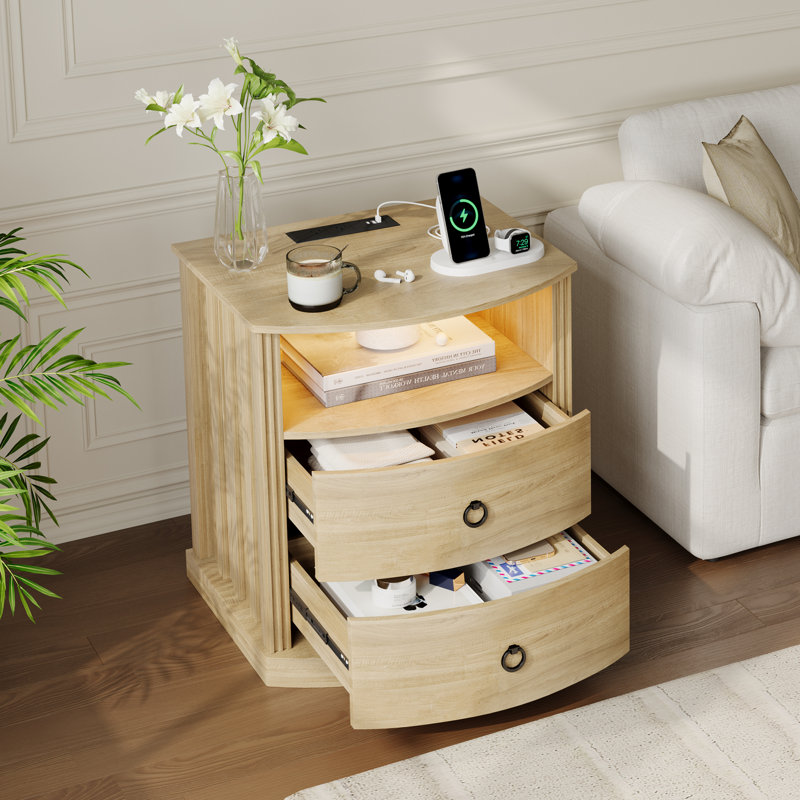 2 - Drawer Curved Nightstand With USB & Type-C Ports And Led Lighting, Storage Cabinet For Bedroom Or Living Room, Oak