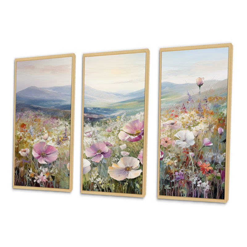 «Pink Ranunculus Field In Mountain II», ensemble de reproductions d'art mural, Cadre naturel flottant
