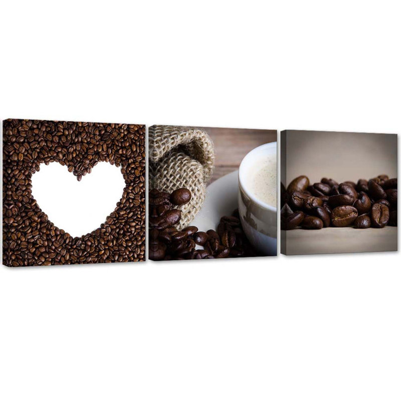 Coffee Bean Heart - 3 Piece No Frame Panoramic Set on Canvas