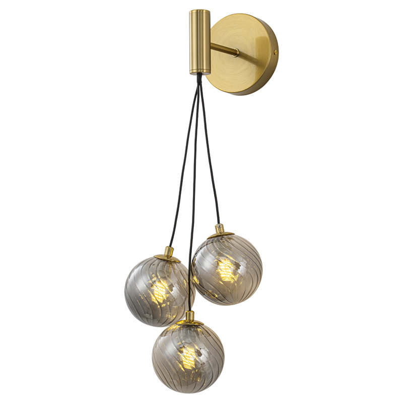 Applique murale en laiton 3 lumières avec globes en verre gris Modern Light, Trois lumières, Gris