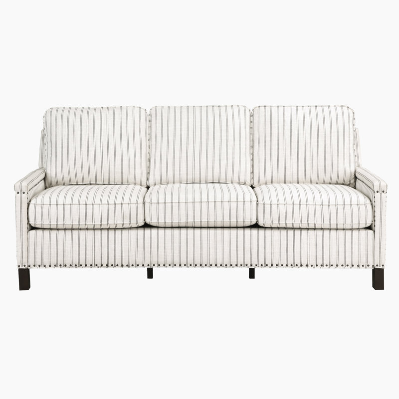 Lenzini 78" Modern and Contemporary Striped Textured Fabric Sofa with Nailhead Trim, Exposed Wood Feet