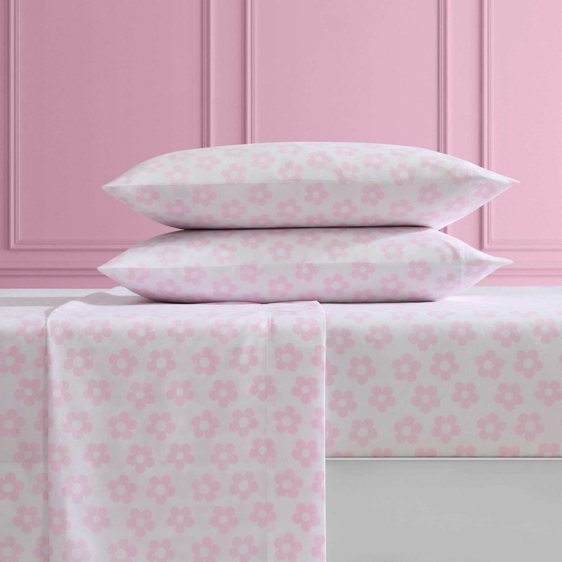 Betsey Johnson Printed Novelty Sheet Sets, Twin Sheet Set with 1 Standard Pillowcase, Retro Daisy Pink