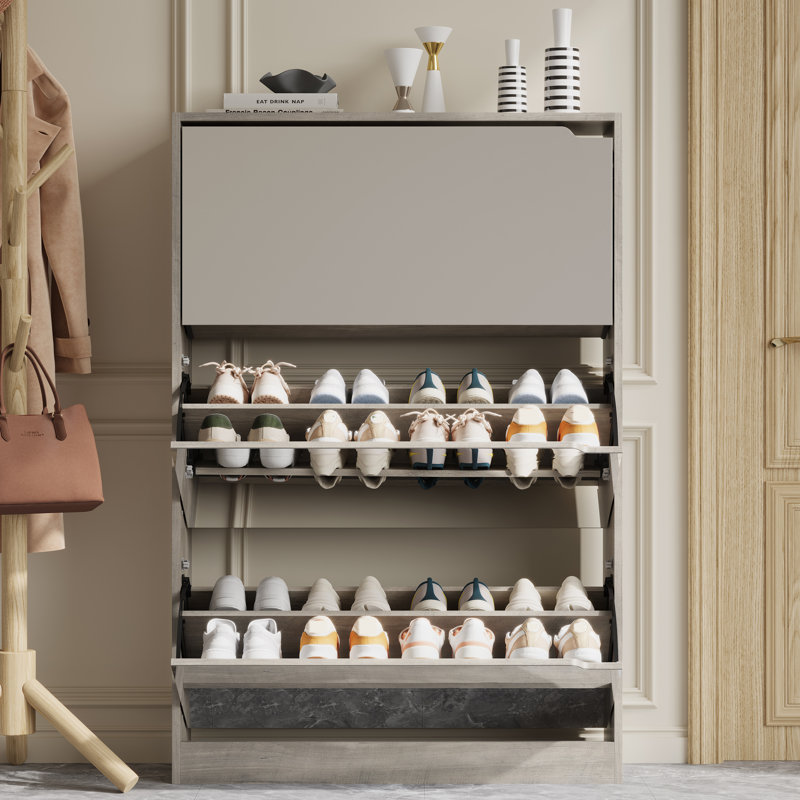 Mirror Finish Tri-Fold Flip Shoe Cabinet with Adjustable Shelves, Wood Entryway Storage Organizer, Gray