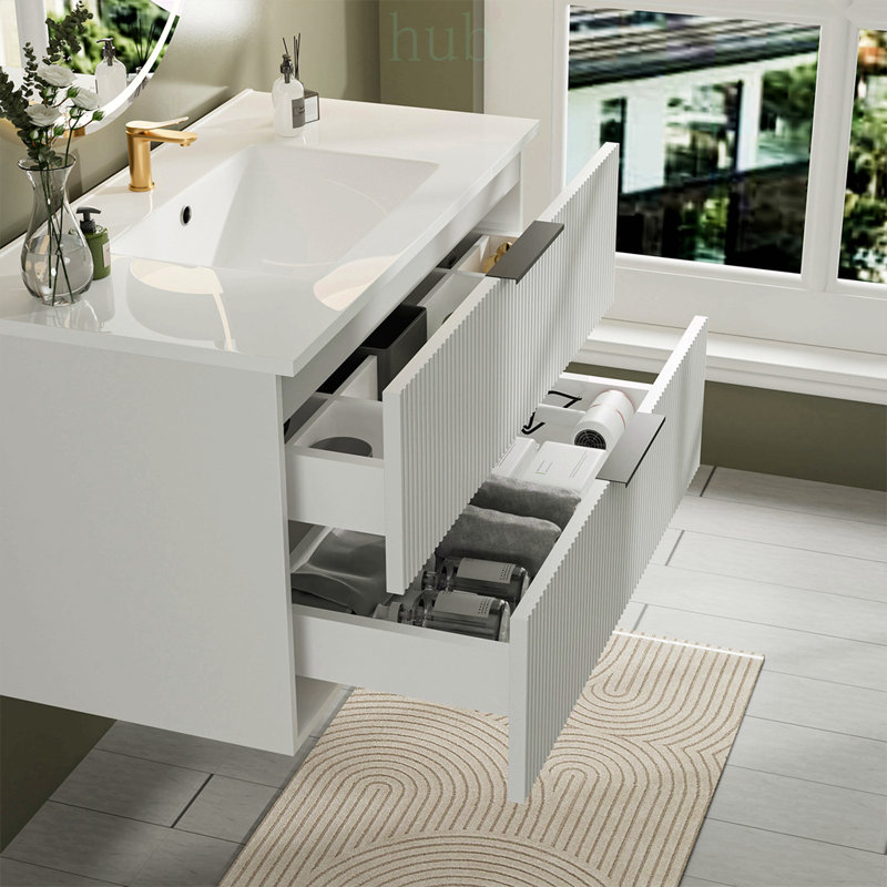 Meuble-lavabo flottant mural 36 po avec lavabo et tiroirs en céramique, conception cannelée moderne