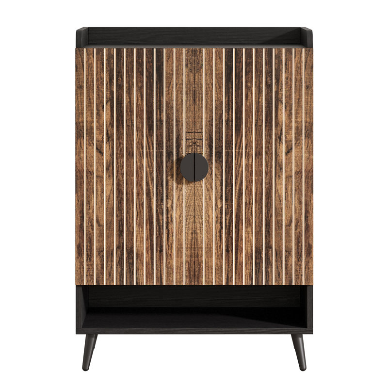 Nordic Style Dark Brown Shoe Cabinet Double Doors With Vertical Gold Stripes Black Handles Black Metal Frame Legs Entryway Storage Furniture