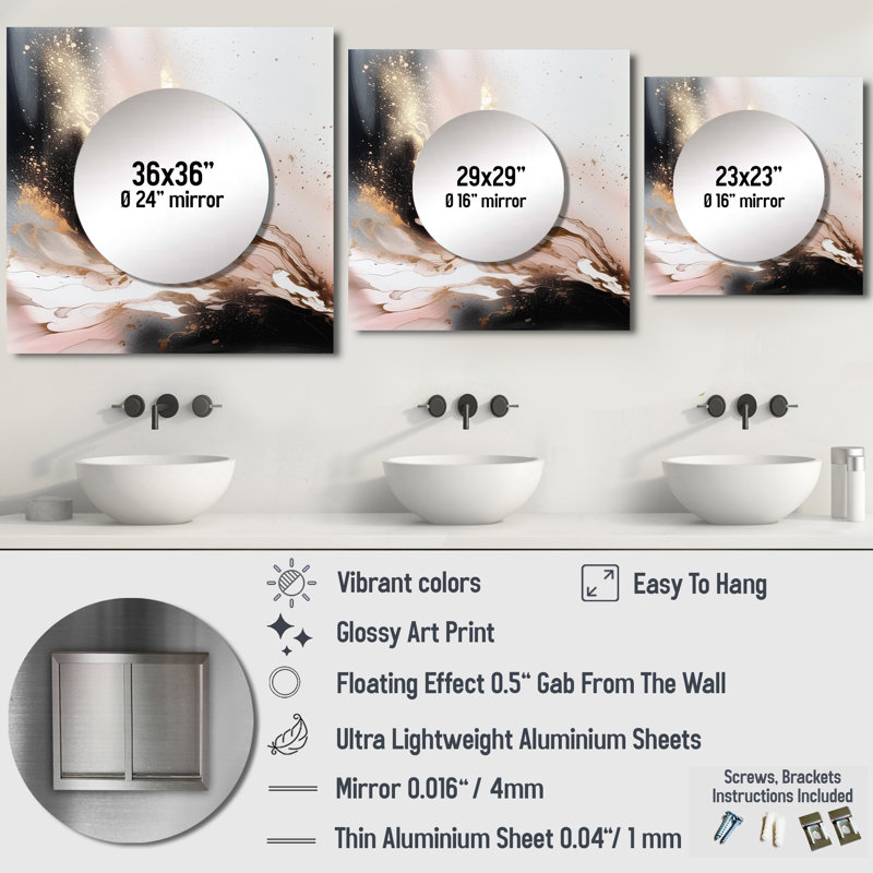 Kentez - Grand miroir carré abstrait en marbre pour décoration murale, 29 po x 29 po