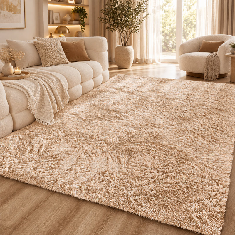 Aspire Homeware Beige Shaggy Area Rug Soft Plush Indoor Carpet, Rectangle 60cm Width X 110cm Length