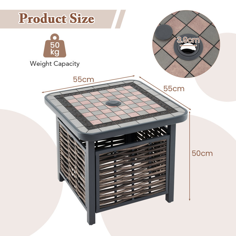 Square Metal Outdoor Side Table With Umbrella Hole , 55cm W 55cm D
