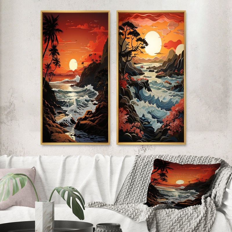 «Beach Crimson Sunset Papercut», 2 pièces, Encadrement doré, H 32 po x l 32 po