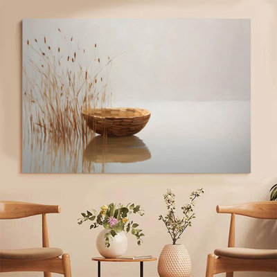 1Pc Christian Framed Canvas Poster Print Serene Lake View, Woven Basket and Reeds, Realistic Style Wall Decor Art - Ready To Hang - Easter Decor, Perf