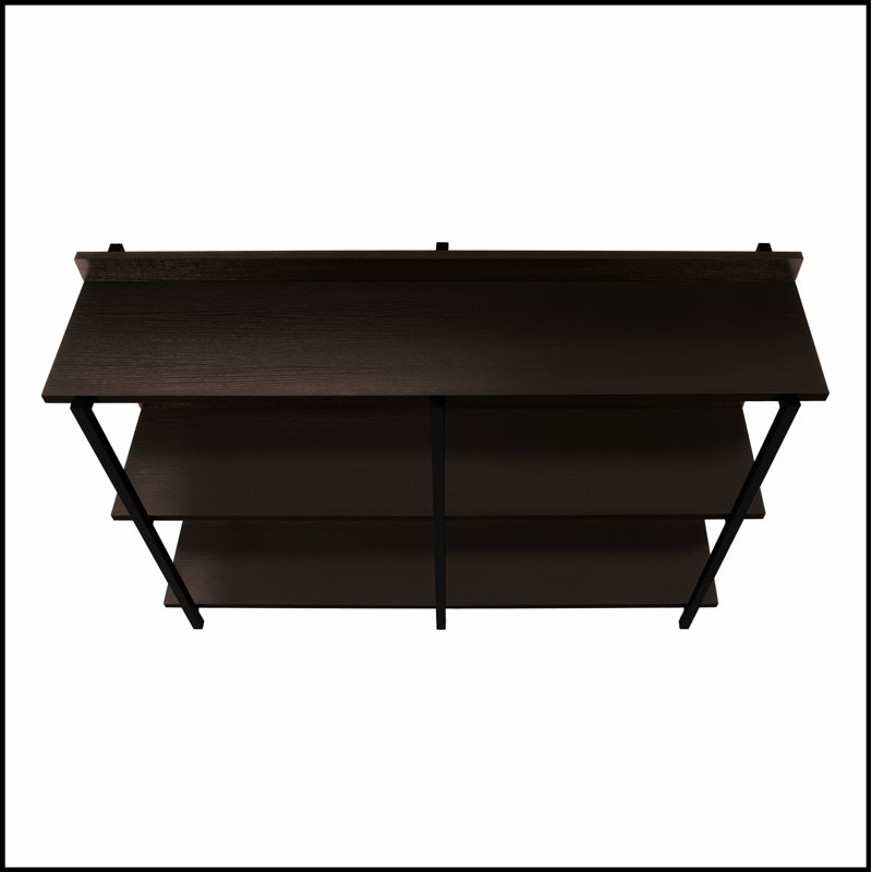 Console moderne pour entrée étroite avec plateau en stratifié brun durable et base en métal noir robuste, parfaite pour un décor contemporain