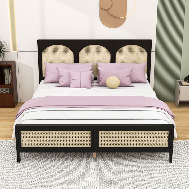 Lit plateforme en bois avec tête de lit en rotin et structure durable, Noir / Beige, Très grand lit