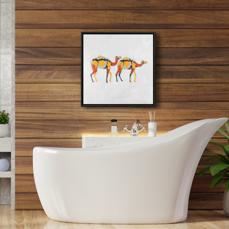 Toile abstraite encadrée grise de dromadaires | Décoration de chambre à coucher, H 25,25 po x l 25,25 po