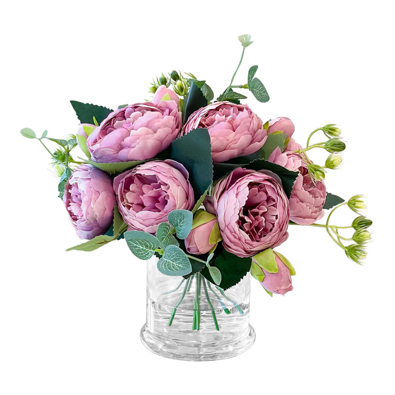 Silk Peonies In Glass Vase Arrangement, Purple