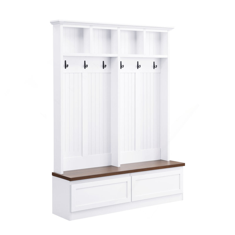 Farmhouse 4-In-1 Hall Tree With Wood Grain Bench, Mudroom Versatile Coat Rack With 2 Large Drawer, Entrance Organizer For Hallway, Living Room