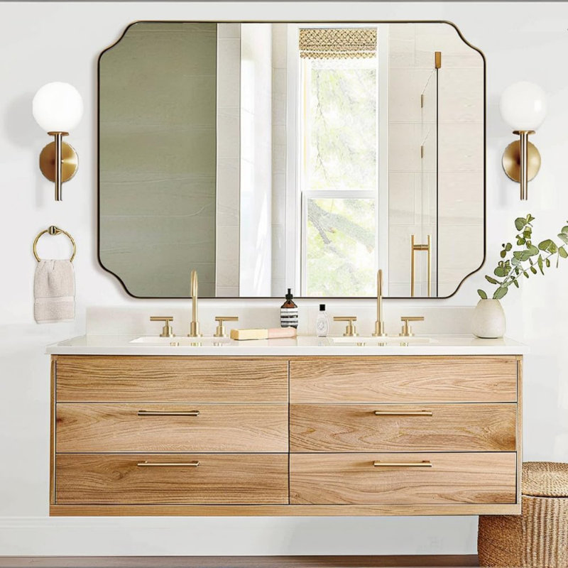 Miroir de salle de bain Modern Cadre en acier inoxydable, 48 po x 36 po, Or brossé