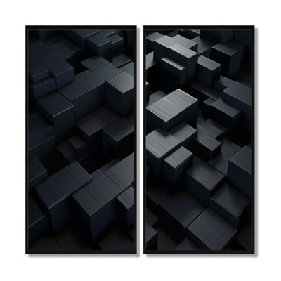 3D Black Brick Cube Dimensions - Abstract Geometric Framed Canvas Print, Black Abstract Wall Art 2 Piece