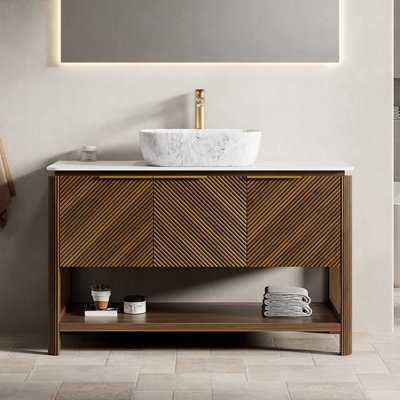 48" Bathroom Vanity&Sink, Freestanding Plywood Storage Cabinet With 3 Diagonal Striped Doors&Open Shelf, Marble Pattern Ceramic Basin&Carrara White Sintered Stone Top, Dark Walnut Woodgrain