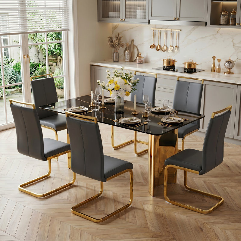 Modern 7-Piece Rectangular Faux Marble Tempered Glass Dining Set with Faux Leather C-Shaped Chairs, Gray