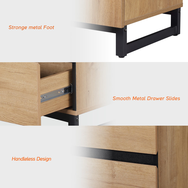 Nightstand With 3 Drawers For Bedroom, Modern Bedside Table With Black Square Iron Leg, Wood Rustic Side Table For Living Room
