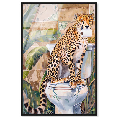 Cheetah Toilet Framed High-Gloss Acrylic Glass Wall Art Jungle Bathroom Art by Art Remedy, Black Frame, 24 x 36
