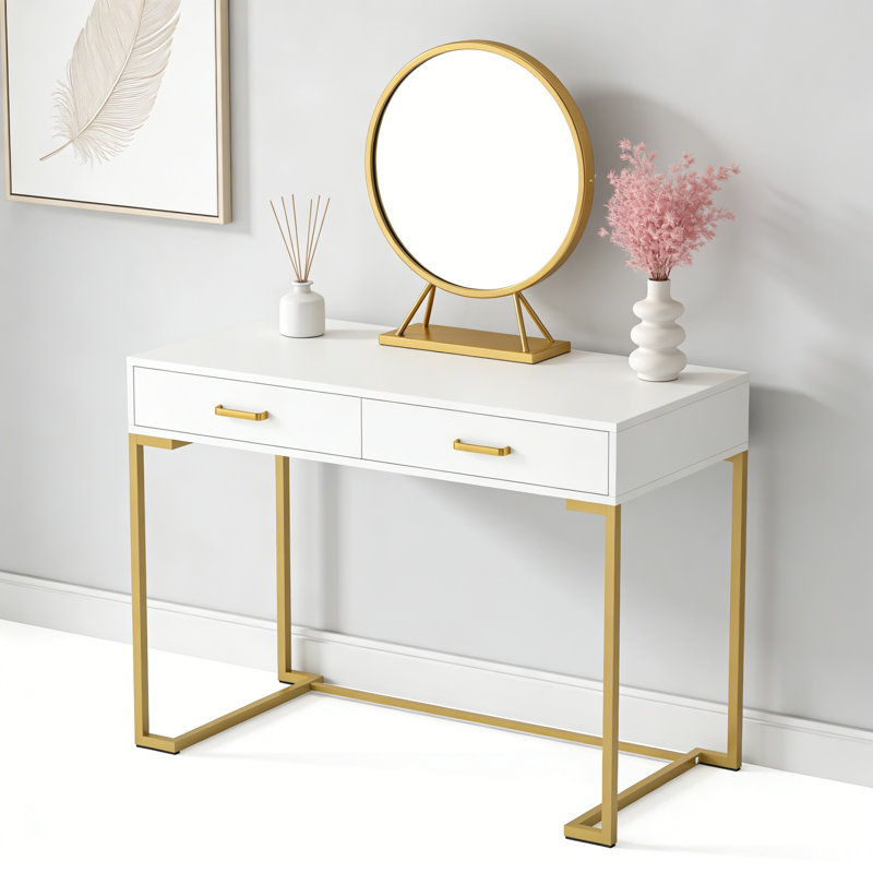 White And Gold Rectangular MDF Writing Desk With Drawer For Home Study Or Workspace