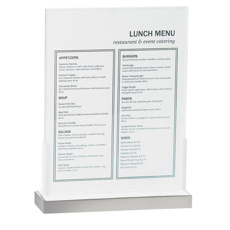 Porte-affiche Luxe avec base Luxe, Acier inoxydable, H 11 po x l 8 po x P 2,63 po