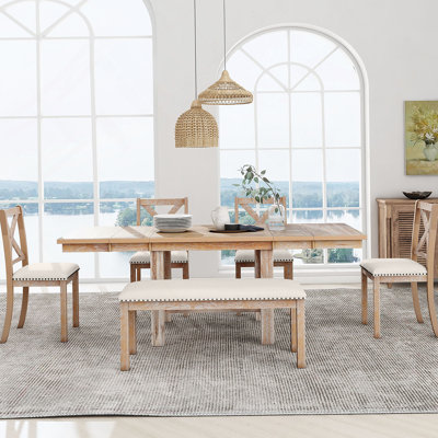 Ensemble de table de salle à manger extensible avec repose-pieds, chaises et banc rembourrés, idéal pour les soupers en famille et les rassemblements