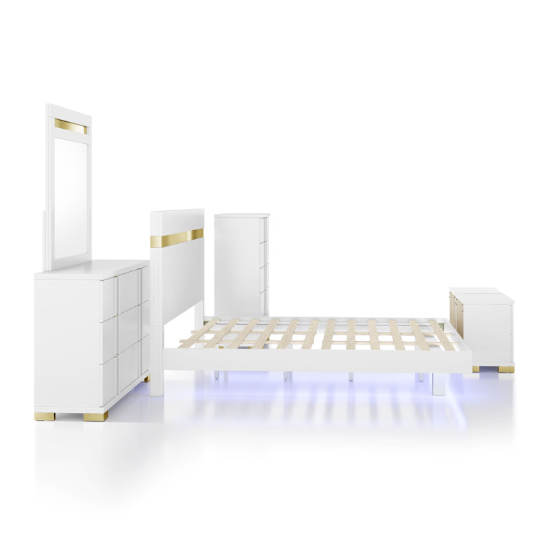 Ensemble de chambre avec lit plateforme 6 pièces Clemson, Blanc, 6 pièces: lit, 2 tables de chevet, commode, miroi, Simple