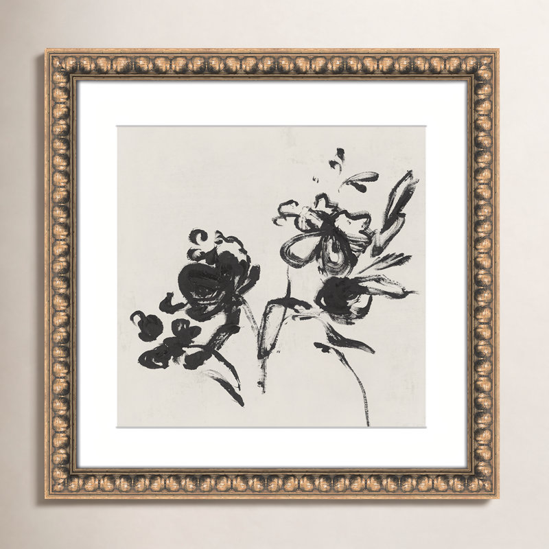 «Frony Black Florals I» par Isabelle Z - peinture encadrée, H 18,25 po x l 18,25 po, Perlé dorée