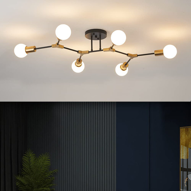 Modern Mid Centur 6 Light Semi Flush Mount Ceiling Lighting Fixture ,Minimalist Gold And Black Sputnik Chandelier