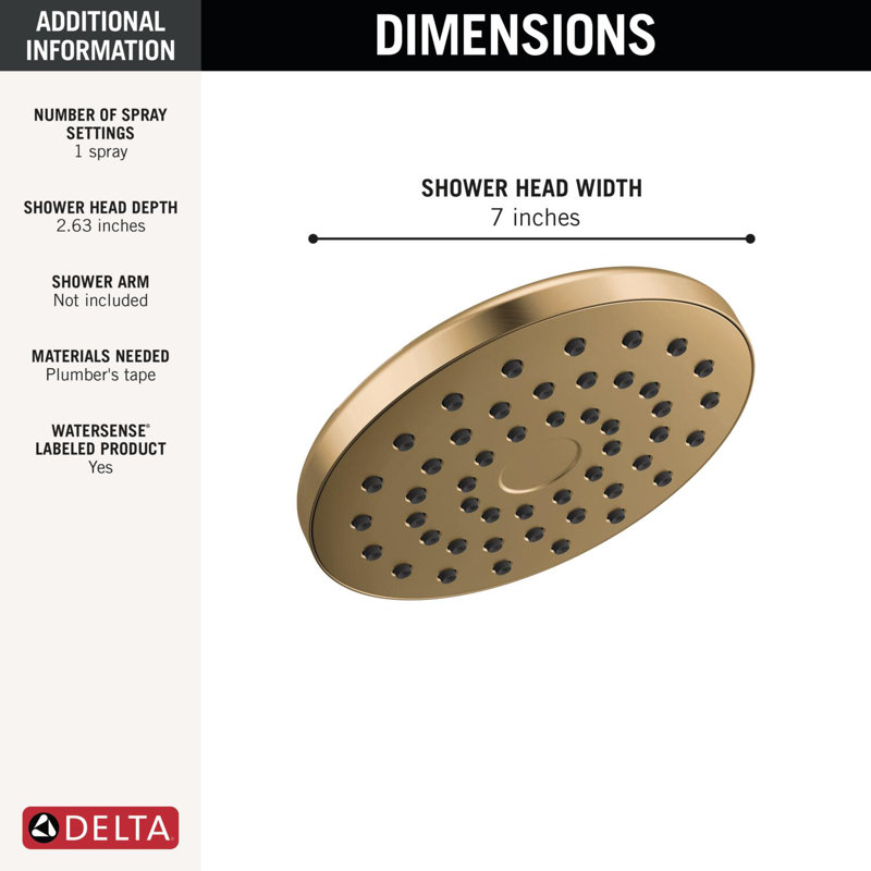 PivotPro Rain Showerhead, Single Setting 7 Inch Round Shower Head 1.75 GPM Brushed Gold, Lumicoat® Champagne Bronze