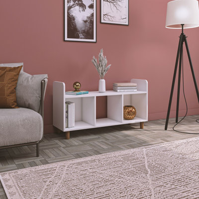 Meuble télé blanc moderne avec pieds en bois, panneau de particules 100% mélaminé, 45,4 po x 24,8 po x 14,2 po | Nombreuses tablettes, fixation murale | Conception élégante et fonctionnelle pour le salon ou l'espace de divertissement