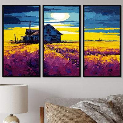 White Country House Lavender Field Sunset - Landscape Wall Art Set