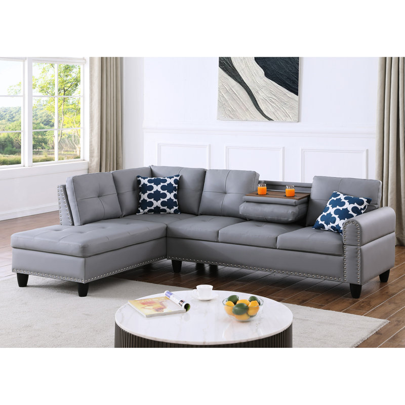 L-shaped 2 Grey Faux Leather Sectional, Left-hand Facing, Medium-soft Seating, 3 Seats, 98 Inches Wide, 71 Deep, 33 High, 169 Lbs, Round Arms, Two Accent Pillows Sectional , Facing L-shaped, Grey,